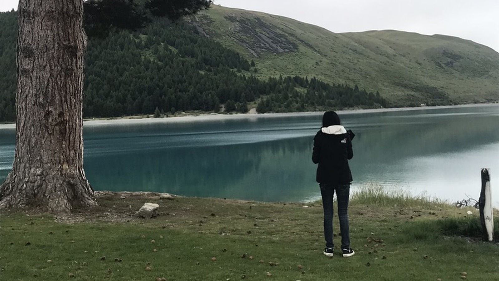 Woman standing by a lake in New Zealand